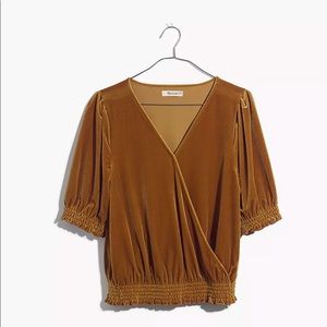 Madewell Velvet Smocked Crossover Top Mustard Yellow